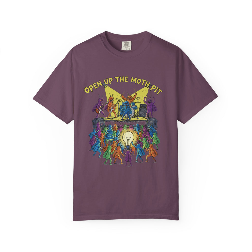 A plum purple t-shirt featuring the "Open Up The Moth Pit" meme design with colorful insect musicians and a glowing lightbulb.