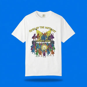 A white Comfort Colors t-shirt featuring the "Open Up The Moth Pit" graphic, centered against a vibrant solid blue background with a soft drop shadow.