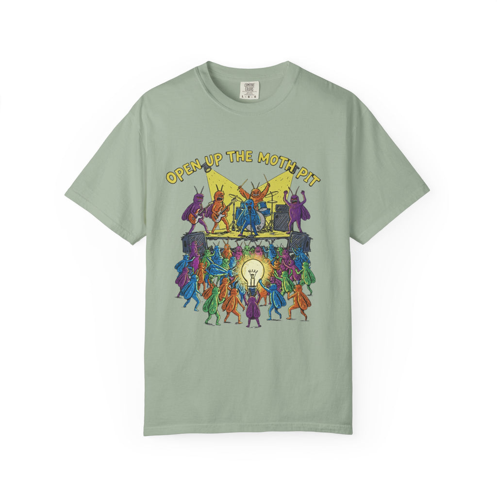 A sage green Comfort Colors t-shirt featuring the "Open Up The Moth Pit" graphic, which depicts a colorful heavy metal band of moths performing on stage for a swarming crowd holding a giant lightbulb.