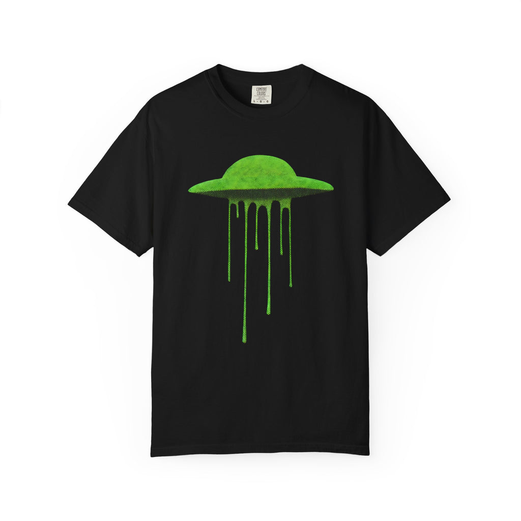 Front view of a black t-shirt featuring a vibrant, lime green melting UFO illustration on a plain background