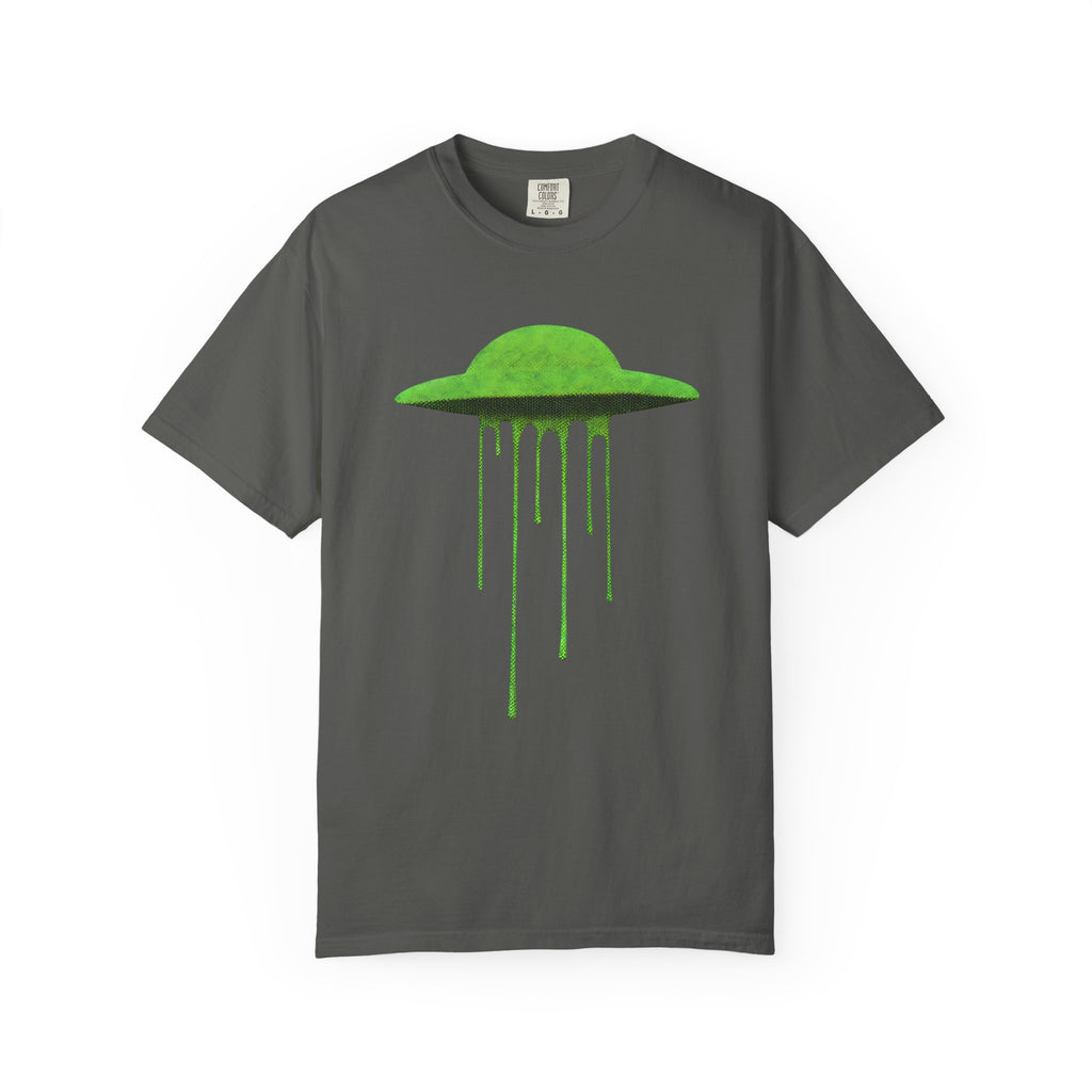 Front view of a grey t-shirt featuring a vibrant, lime green melting UFO illustration on a plain background