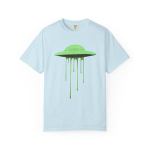 Front view of a light blue Comfort Colors t-shirt with a vibrant lime green melting UFO graphic