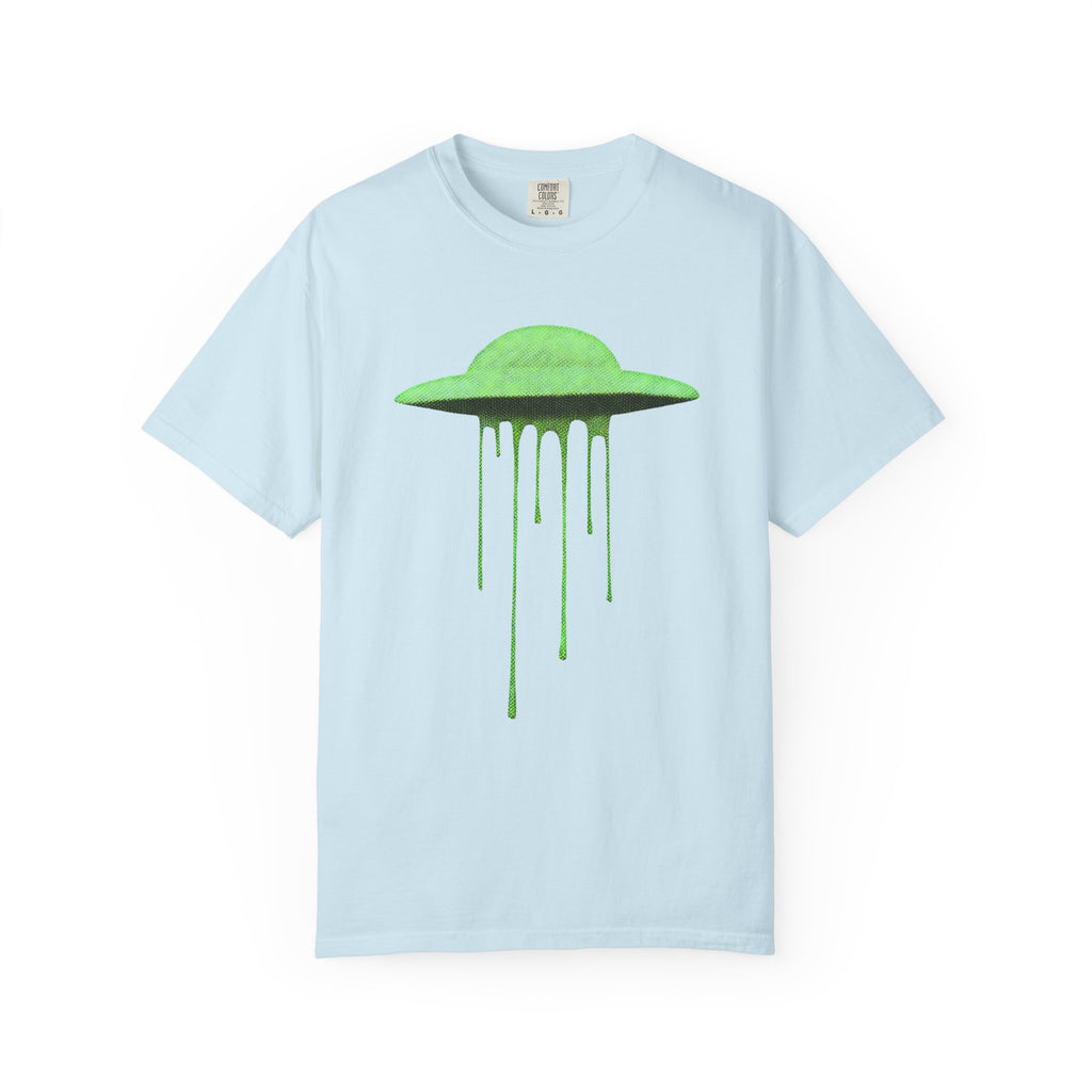 Front view of a light blue Comfort Colors t-shirt with a vibrant lime green melting UFO graphic