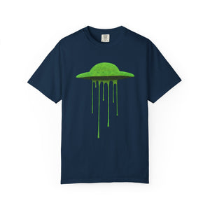 Front view of a navy blue Comfort Colors t-shirt featuring a bright lime green melting UFO graphic