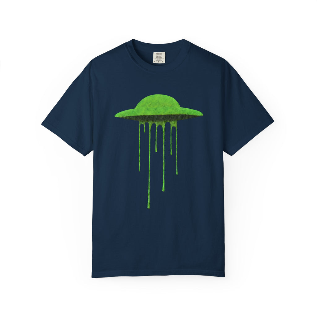 Front view of a navy blue Comfort Colors t-shirt featuring a bright lime green melting UFO graphic