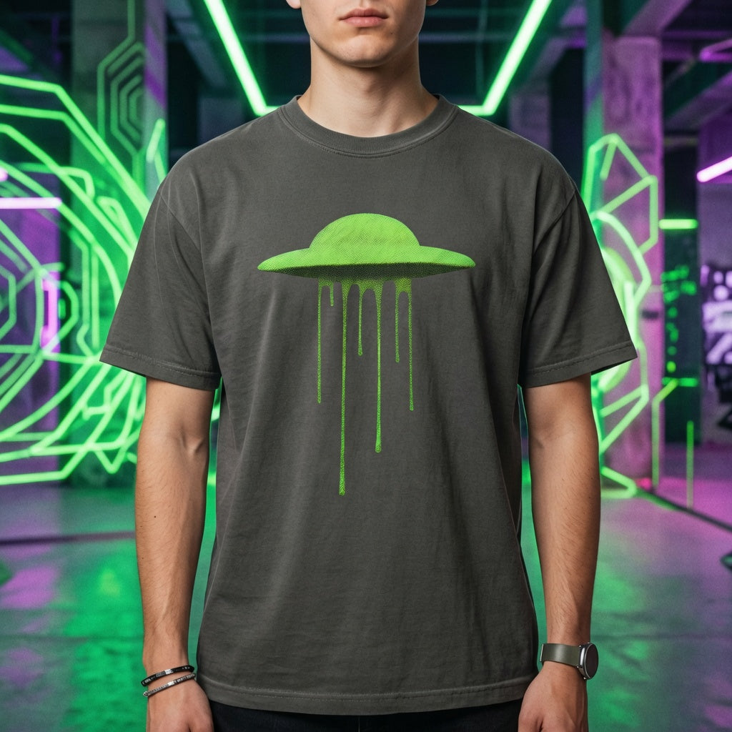 A model wearing a grey t-shirt with a lime green dripping UFO graphic, standing in a futuristic neon-lit environment