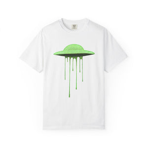 Front view of a white Comfort Colors t-shirt with a lime green dripping UFO illustration centered on the chest