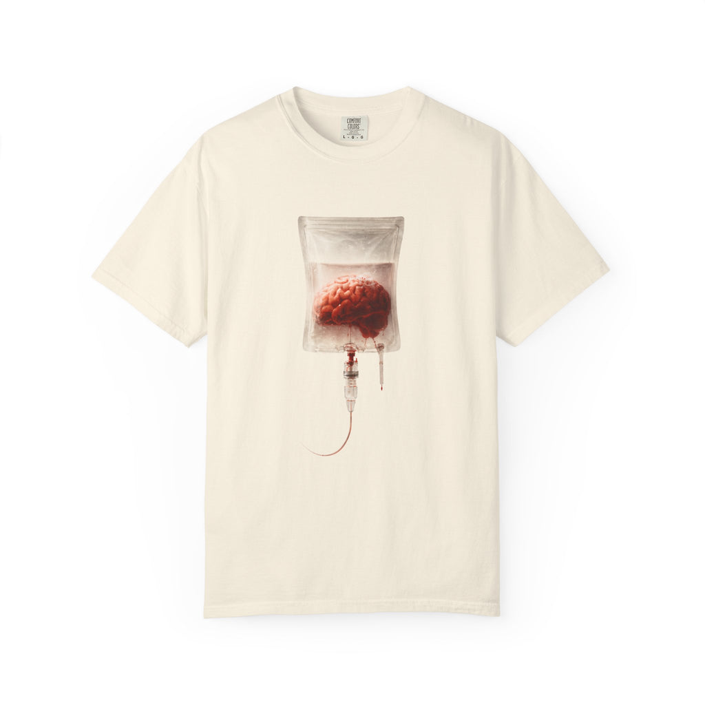 An off-white t-shirt displayed flat, showing a surreal graphic of a human brain in an IV drip bag