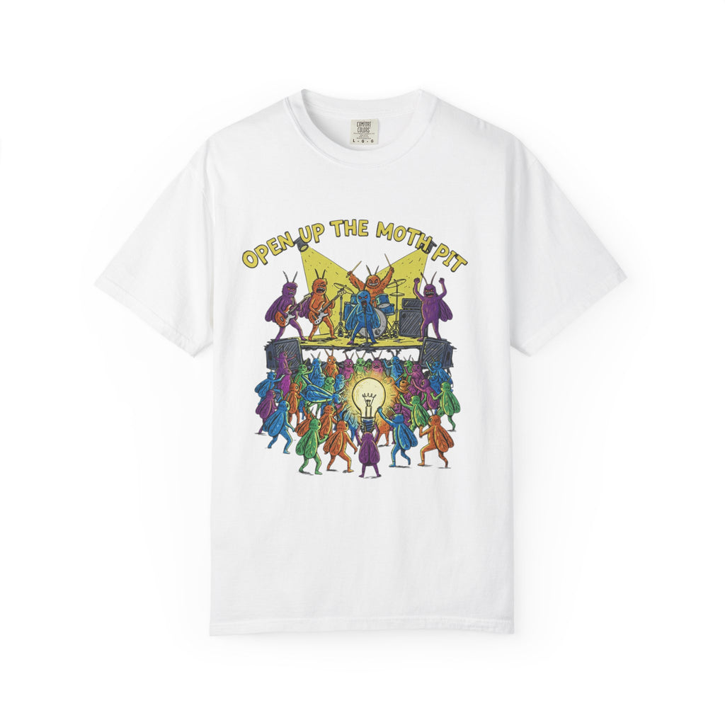 A white Comfort Colors t-shirt centered on a plain background, displaying a vibrant illustration of a moth mosh pit and the text "Open Up The Moth Pit" in a bold, yellow font.