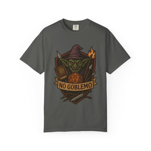 Flat lay of pepper grey cotton t-shirt featuring retro fantasy goblin and D20 dice illustration