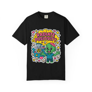 Black heavy cotton t-shirt with bright pink and yellow zombie cartoon graphic.