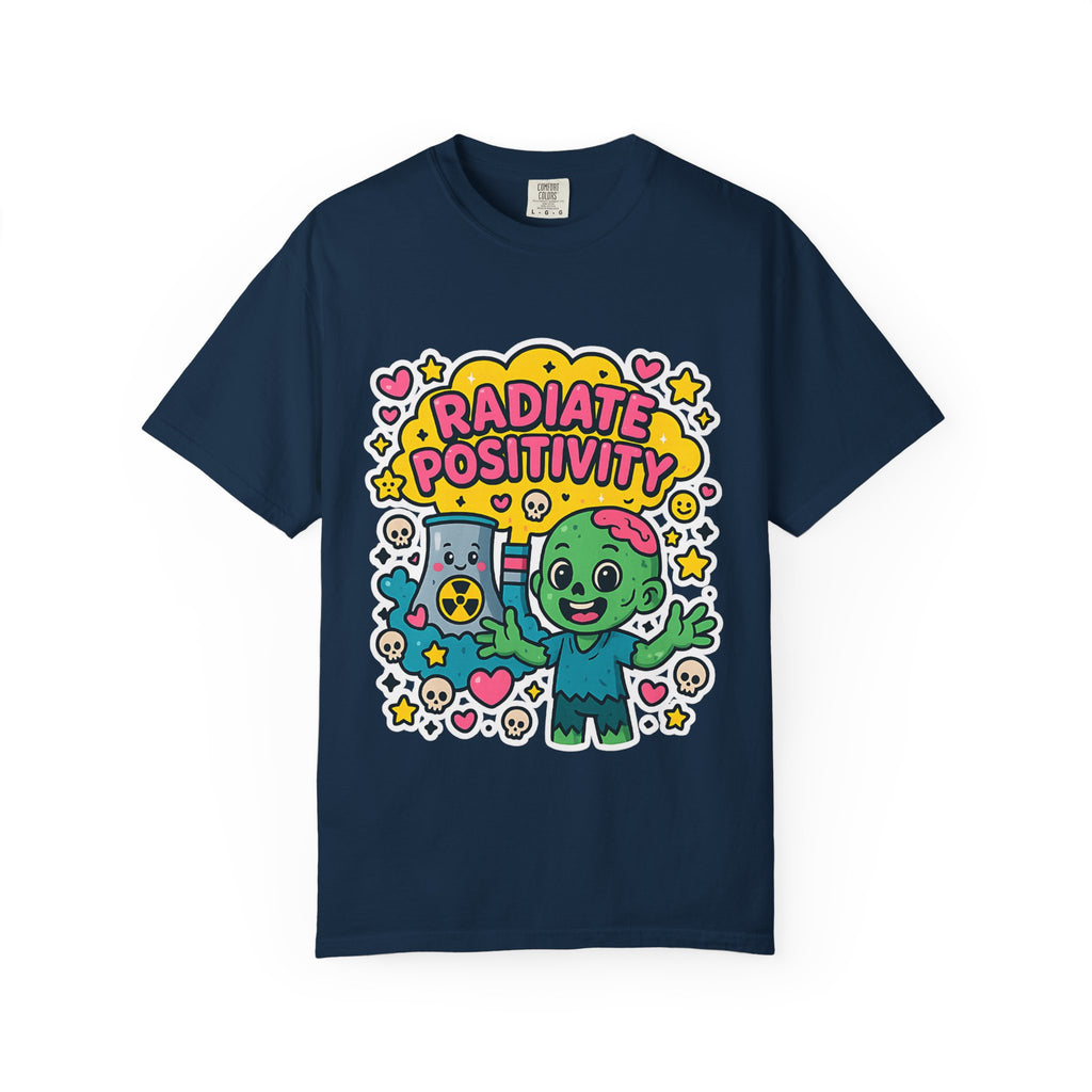 Navy blue graphic tee with neon "Radiate Positivity" text and zombie art.
