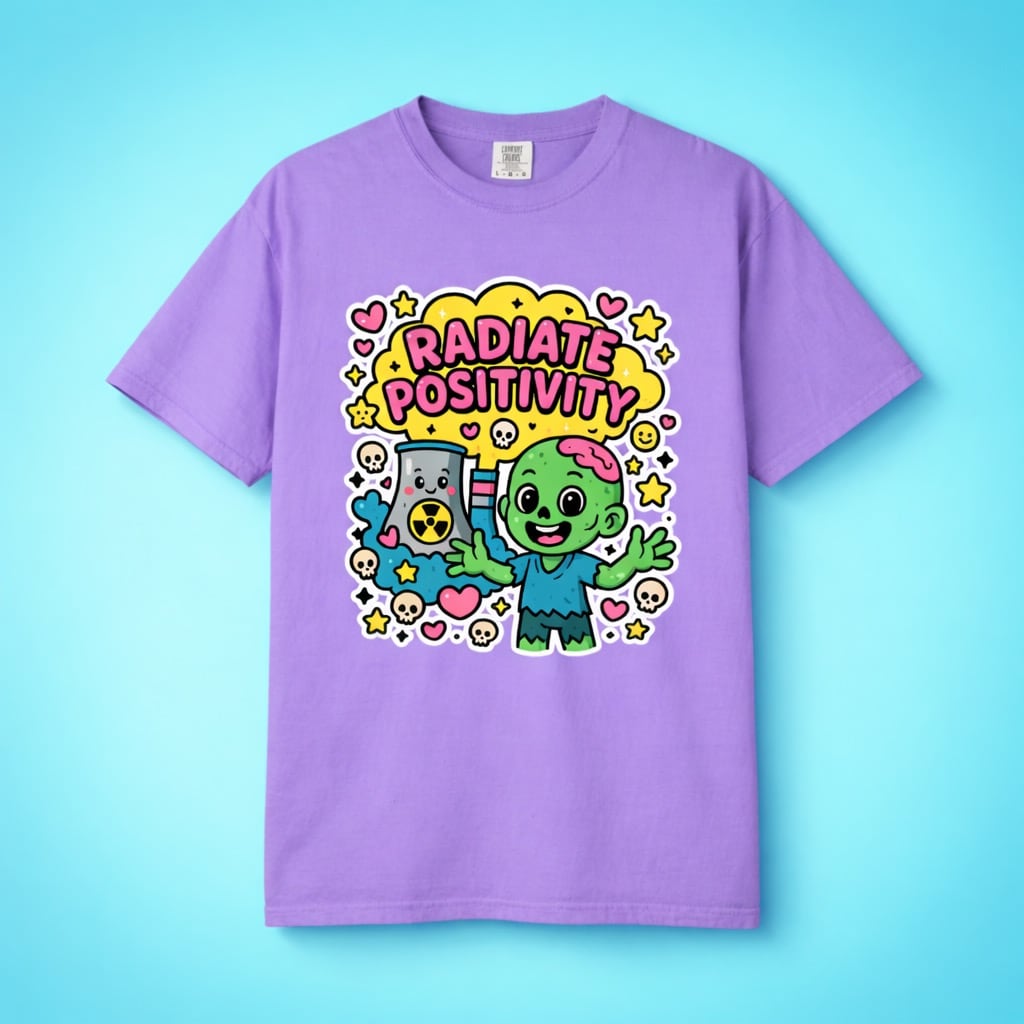 Flat lay of a purple Radiate Positivity shirt featuring a happy nuclear cooling tower and zombie.
