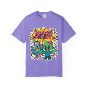 Purple garment-dyed t-shirt with wholesome horror graphic print.