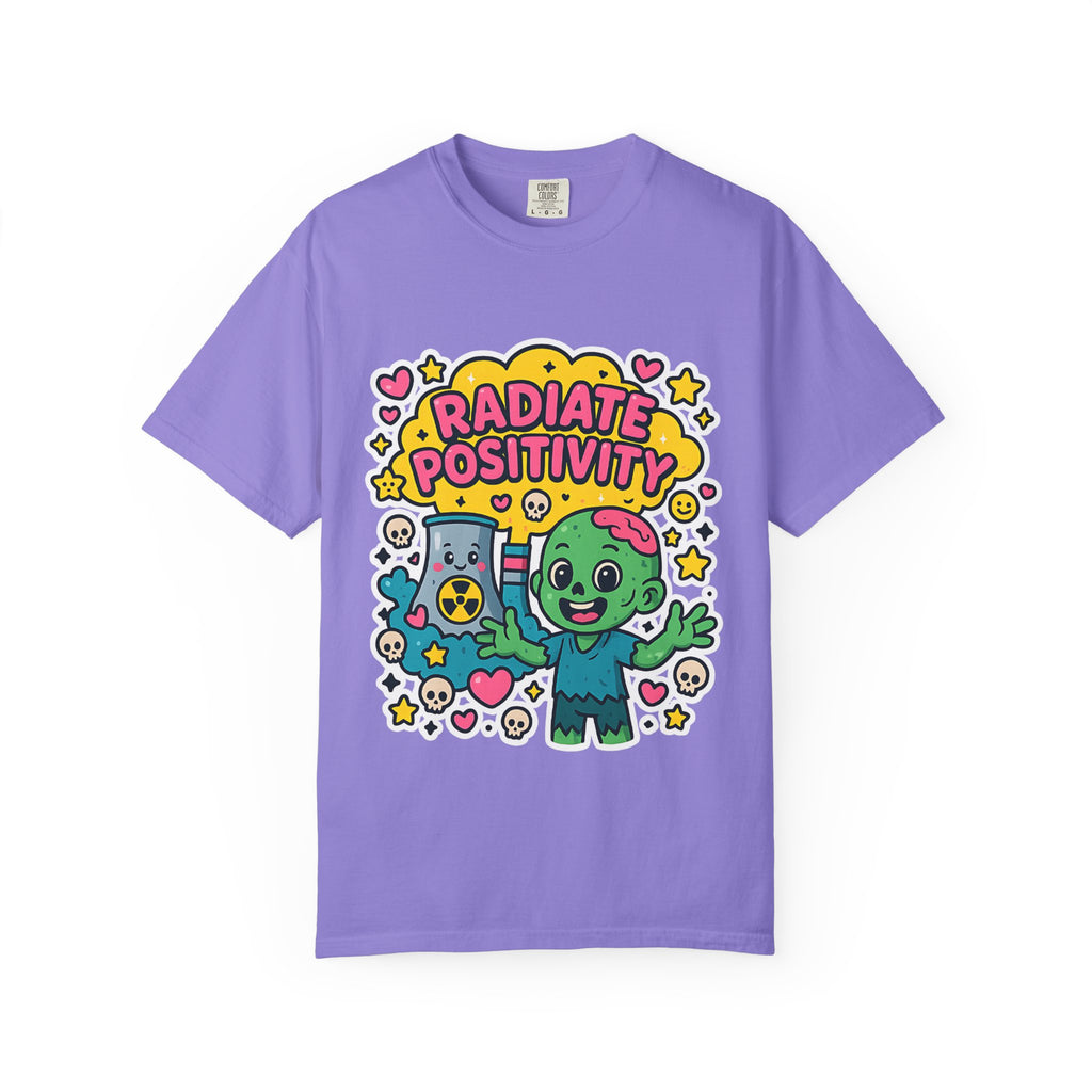 Purple garment-dyed t-shirt with wholesome horror graphic print.