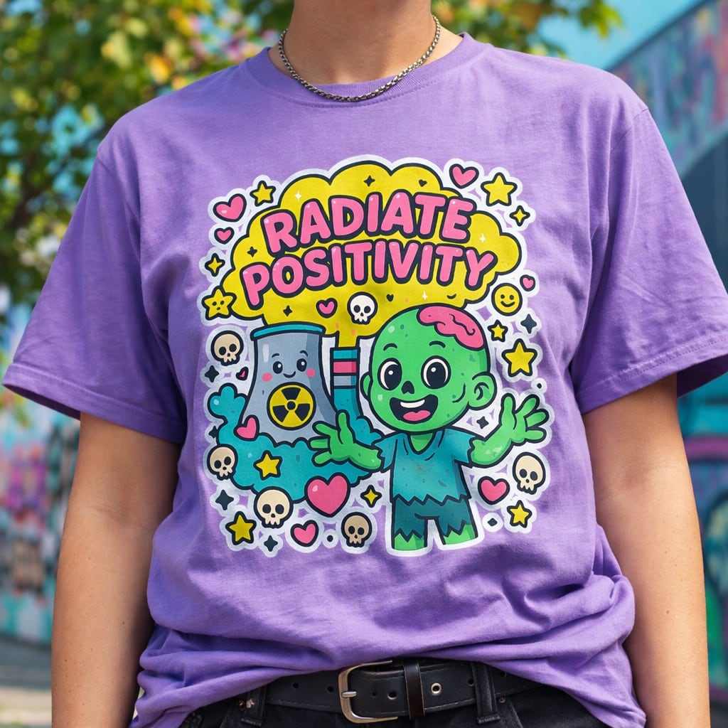 Model wearing a purple Comfort Colors t-shirt with a cute cartoon zombie and "Radiate Positivity" text.