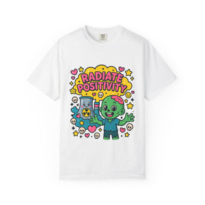 White t-shirt with colorful cute zombie and nuclear reactor illustration.