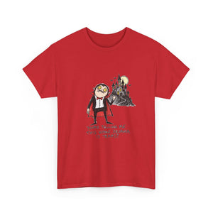 A red short-sleeve crewneck t-shirt featuring a cartoon graphic of a vampire in a tuxedo next to a haunted castle under a full moon, with gothic text below.