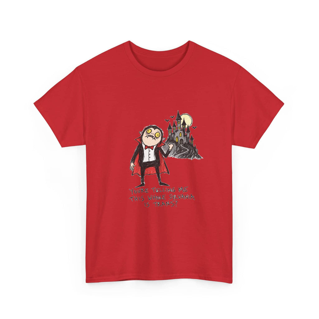 A red short-sleeve crewneck t-shirt featuring a cartoon graphic of a vampire in a tuxedo next to a haunted castle under a full moon, with gothic text below.