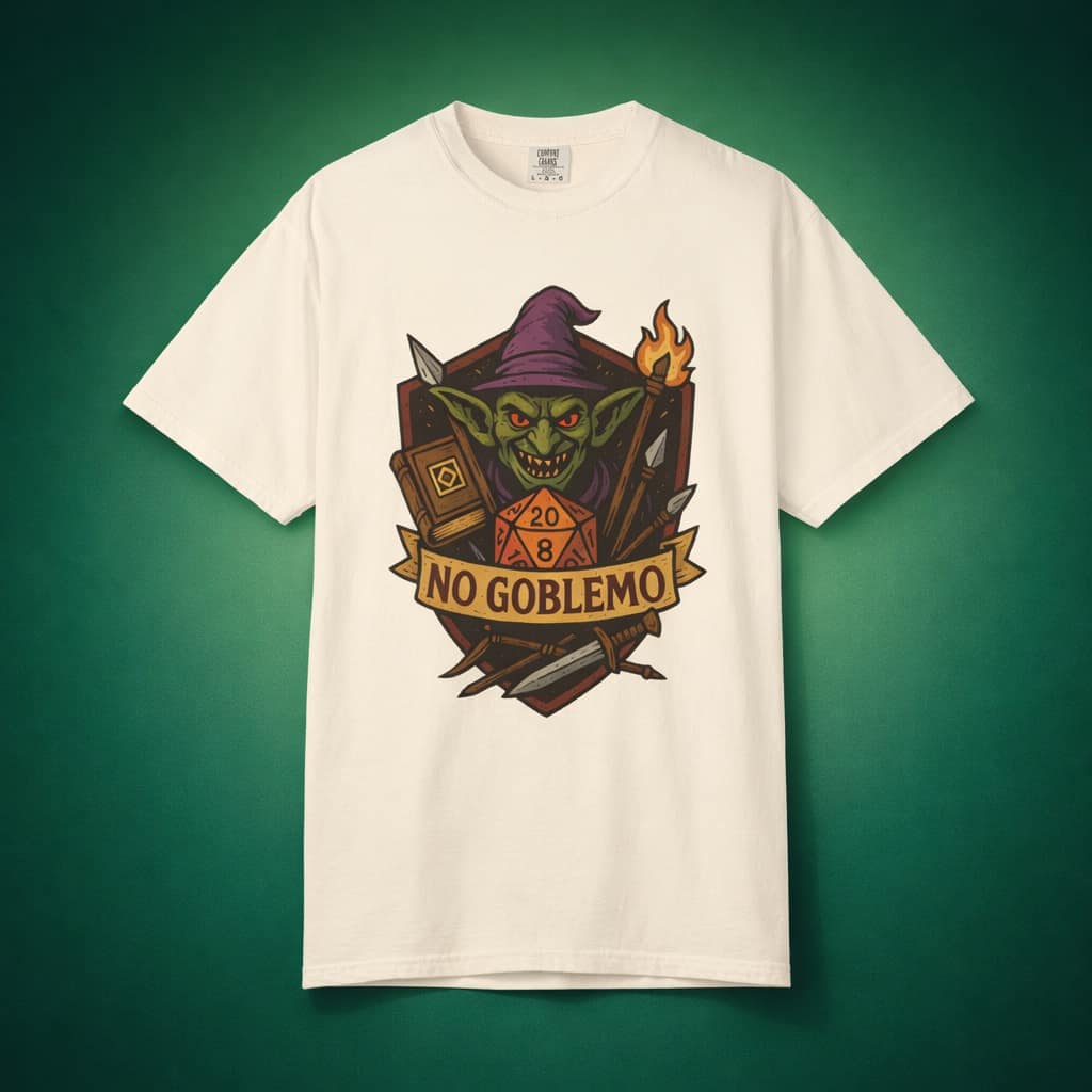 Flat lay of ivory cotton t-shirt featuring retro fantasy goblin and D20 dice illustration