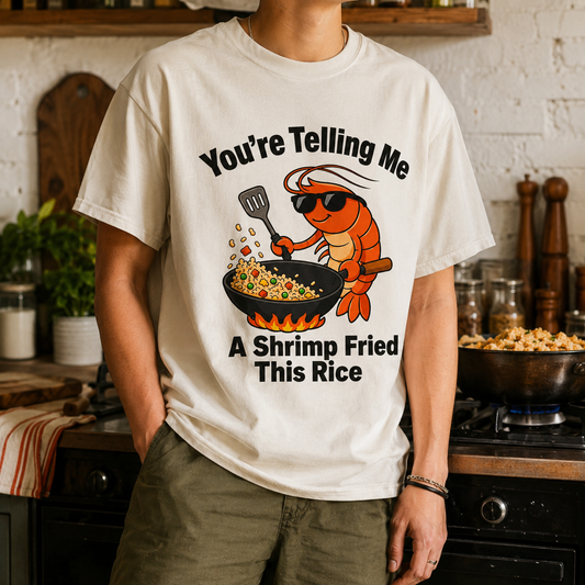 Ivory graphic t-shirt flat lay on orange background featuring shrimp fried rice design. 