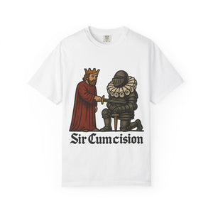 Full view of a white crewneck t-shirt with black medieval text reading Sir Cumcision.