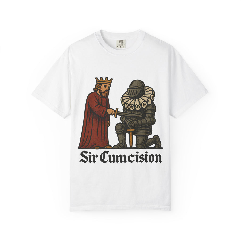 Full view of a white crewneck t-shirt with black medieval text reading Sir Cumcision.