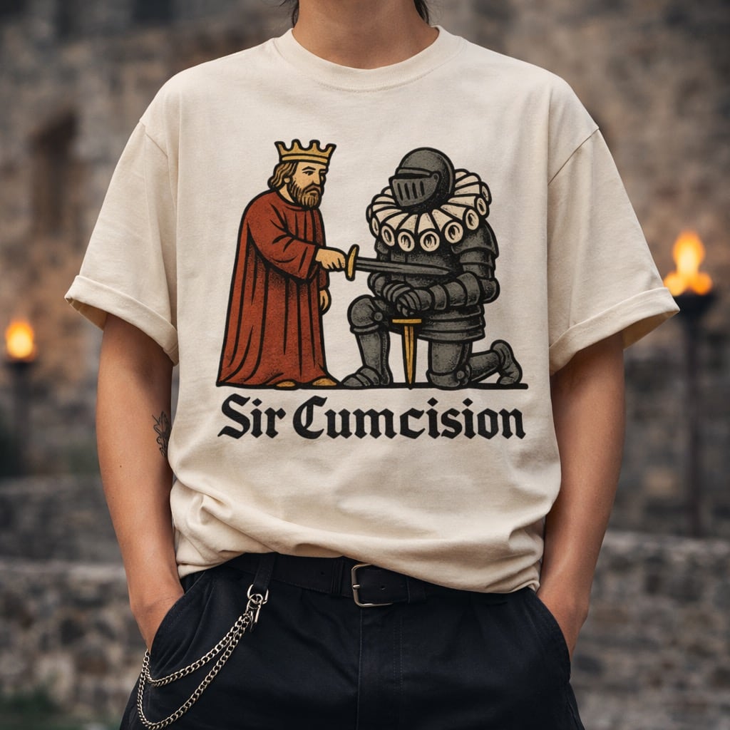Model wearing a cream-colored t-shirt with a medieval woodcut graphic of a king knighting a warrior and the text Sir Cumcision.