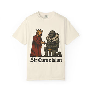 Front view of a funny medieval knight meme t-shirt in ivory color.