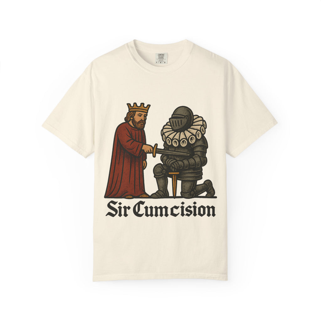 Front view of a funny medieval knight meme t-shirt in ivory color.