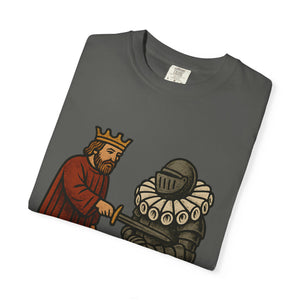 Folded Comfort Colors t-shirt in Pepper Grey featuring a funny medieval history pun graphic.