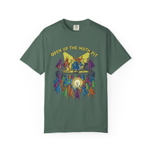 A dark spruce green t-shirt featuring a colorful illustration of a moth heavy metal band performing for a crowd of insects holding a lightbulb.