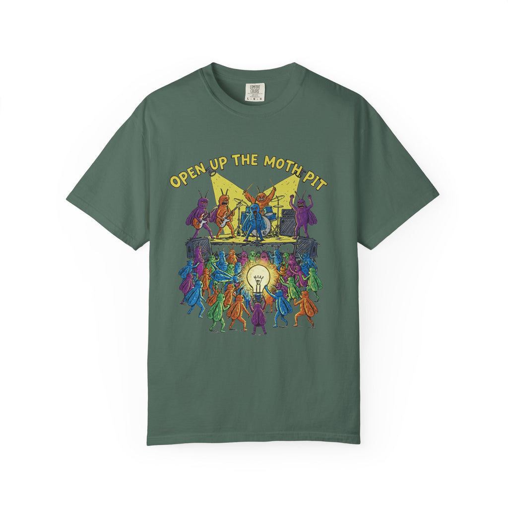 A dark spruce green t-shirt featuring a colorful illustration of a moth heavy metal band performing for a crowd of insects holding a lightbulb.