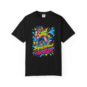 A black short-sleeve crewneck t-shirt featuring a colorful graphic print of a cartoon character spraying water with a toy gun, with the text 'Squirtified Hustler' in yellow and pink below.
