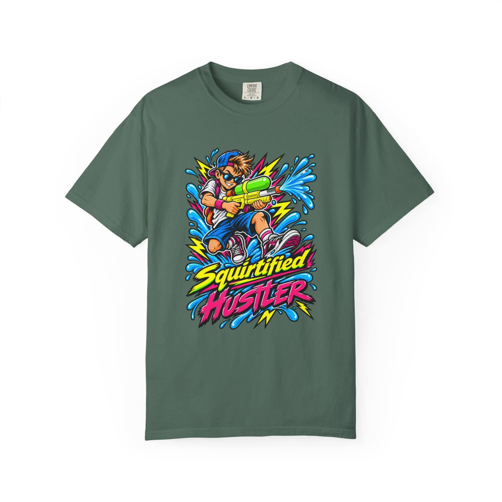A dark green crewneck t-shirt featuring a colorful graphic of a cartoon character spraying water with a toy gun, with the text 'Squirtified HUSTLER' in yellow and pink below.