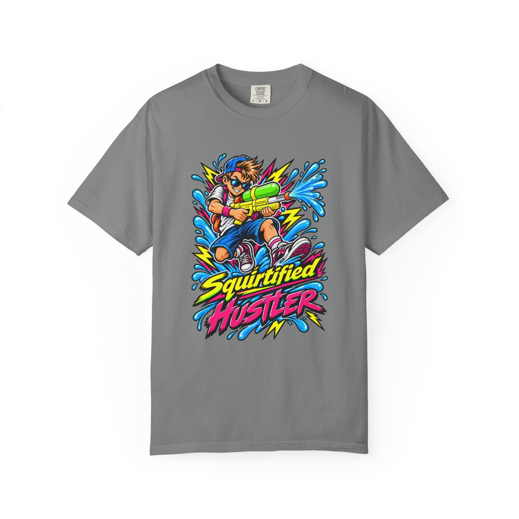 A gray short-sleeve crewneck t-shirt featuring a colorful graphic of a cartoon character holding a water gun, surrounded by blue water splashes and the text 'Squirtified HUSTLER' in yellow and pink.