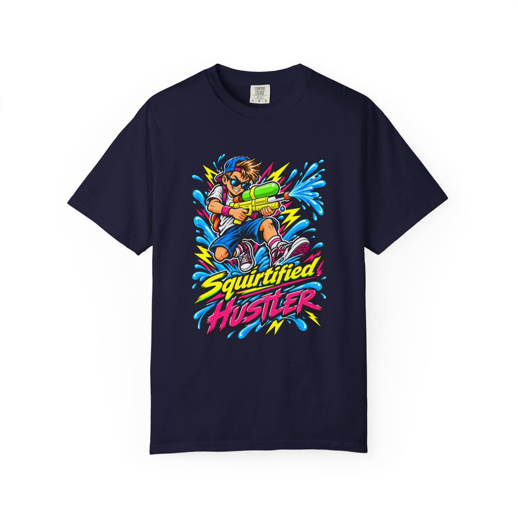 A navy blue short-sleeve crewneck t-shirt featuring a colorful graphic print of a cartoon character holding a water gun with the text 'Squirtified Hustler' in yellow and pink.