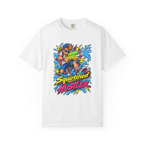 A white short-sleeve crewneck t-shirt featuring a colorful graphic print of a cartoon character spraying water with a hose, with the text 'Squirtified Hustler' written below in a bold, comic-style font.