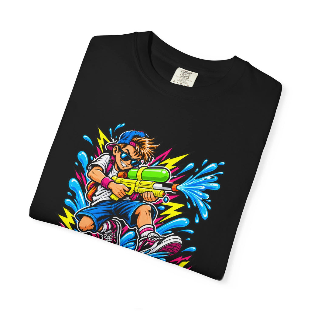 A black short-sleeve t-shirt with a colorful graphic print of a cartoon character holding a water gun, displayed on a clean white background.