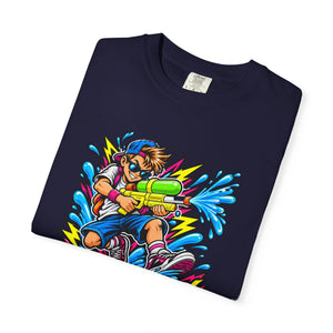 A navy blue folded t-shirt with a colorful cartoon graphic of a boy aiming a water gun, displayed on a clean white background.