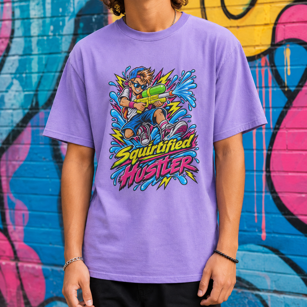 A person wearing a lavender purple t-shirt with a colorful 'Squirtified Hustler' cartoon graphic, standing in front of a vibrant graffiti brick wall.