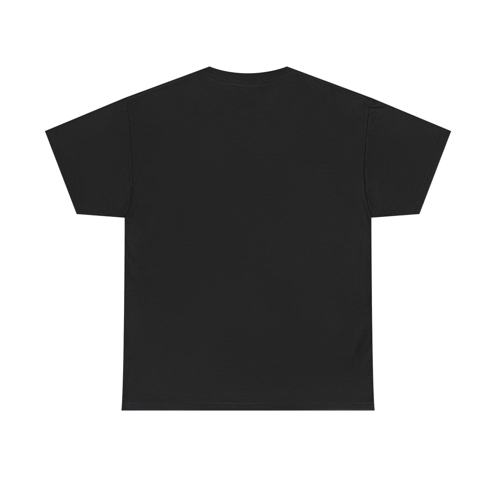 A black short-sleeve t-shirt shown from the back isplayed on a solid white background.