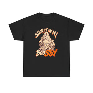 A black short-sleeve crewneck t-shirt featuring a graphic of a ghostly figure draped in a sheet, with the text 'STICK IT IN MY BOOSSY' in orange and beige stylized lettering.