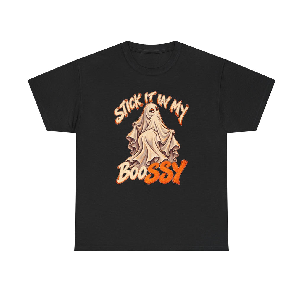 A black short-sleeve crewneck t-shirt featuring a graphic of a ghostly figure draped in a sheet, with the text 'STICK IT IN MY BOOSSY' in orange and beige stylized lettering.