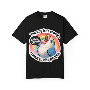 Black vintage wash t-shirt with funny "I need to bite people" bird graphic.