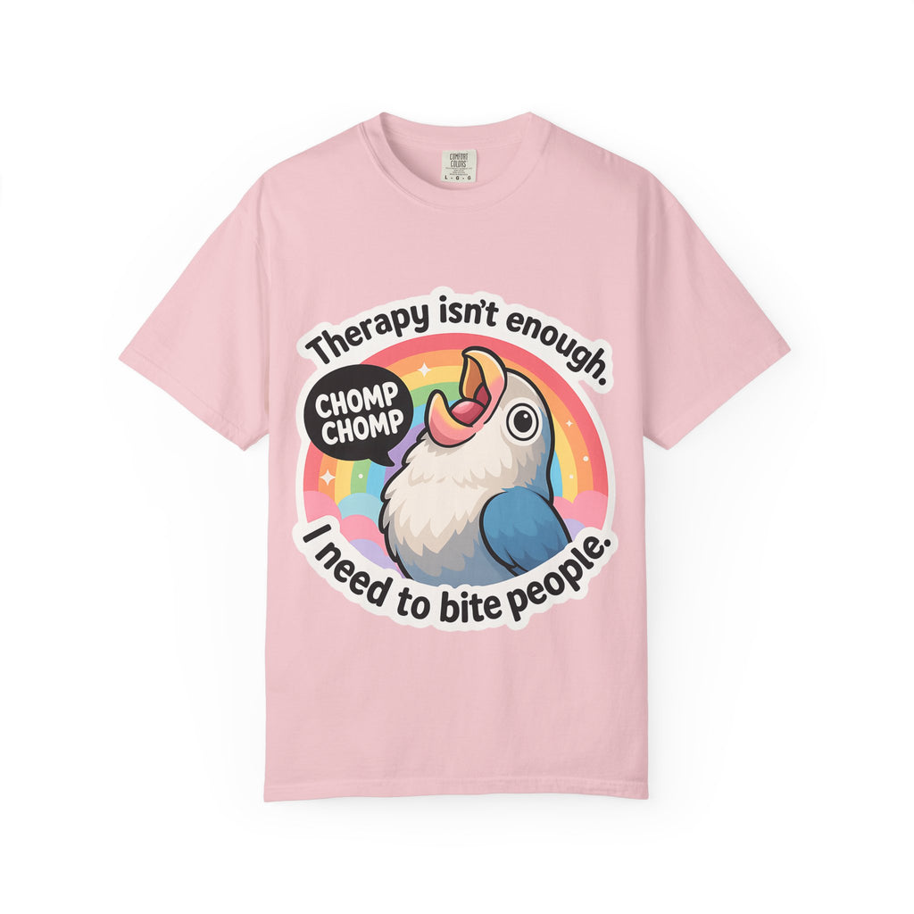 Coral Comfort Colors shirt featuring a chaotic screaming bird meme design.