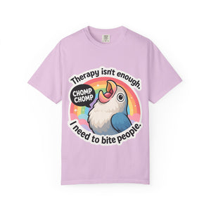 Light pink graphic tee with a cute cartoon parrot screaming in front of a rainbow.