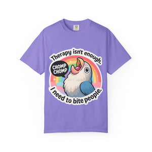 Purple Comfort Colors shirt featuring a chaotic screaming bird meme design.
