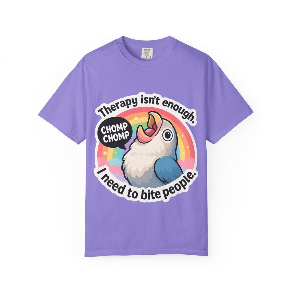 Purple Comfort Colors shirt featuring a chaotic screaming bird meme design.
