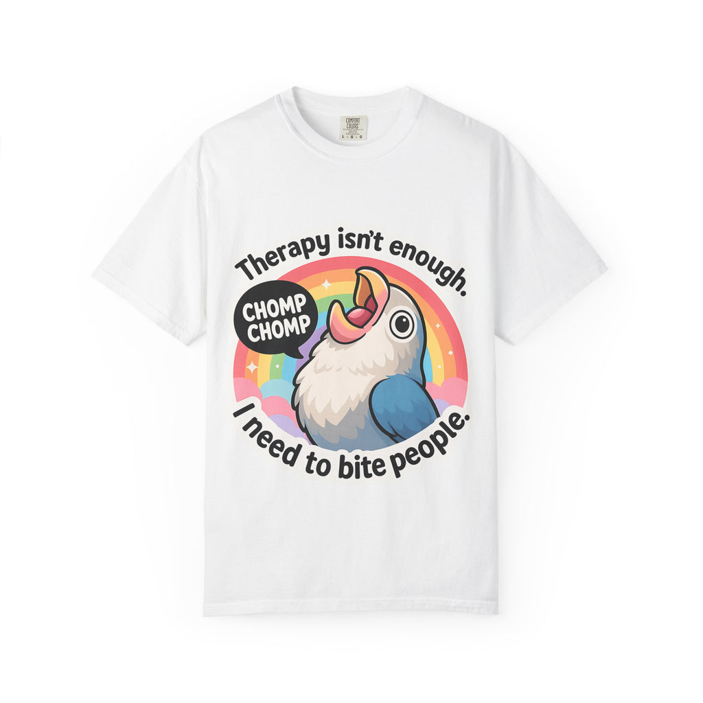 Flat lay of white Comfort Colors t-shirt featuring a screaming bird meme with text "Therapy isn't enough I need to bite people."